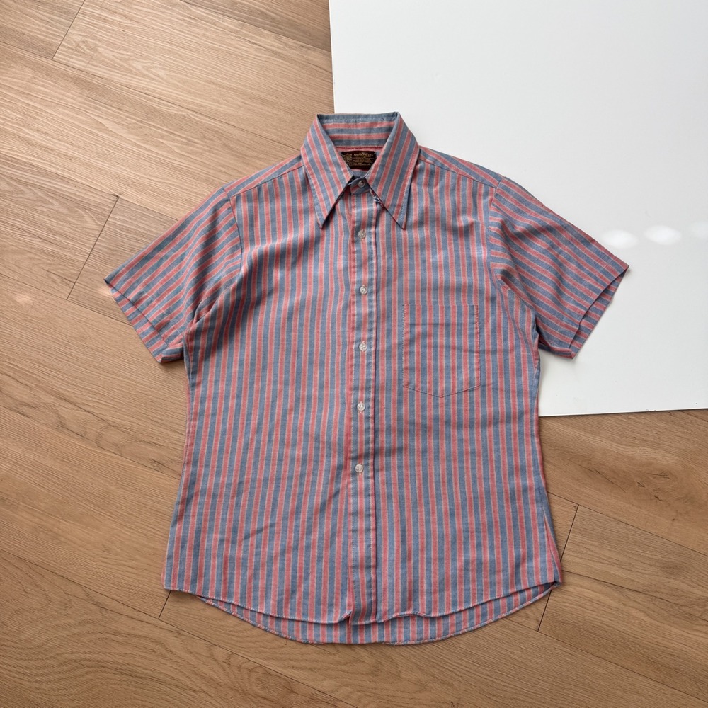 VTG Sears Kings Road Red Blue Pinstripe Short Sleeve Button Down Shirt Medium